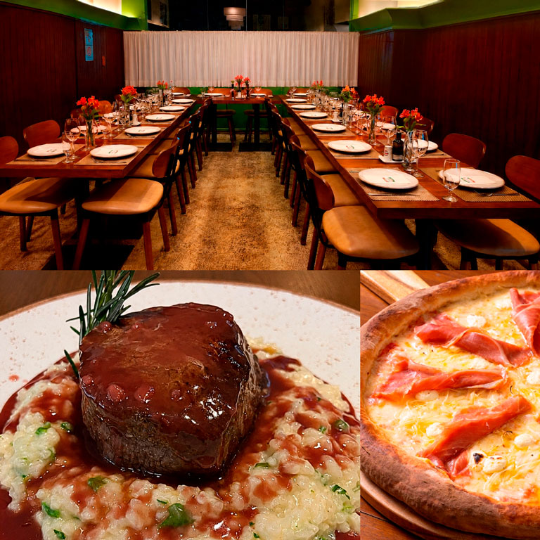 Mesa posta para eventos no Restaurante e Pizzaria A Esperança, em ambiente aconchegante para aniversários, confraternizações, casamentos e outros tipos de eventos.