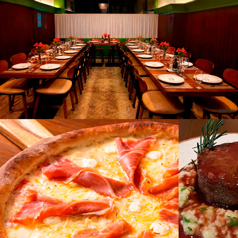 Mesa posta para eventos no Restaurante e Pizzaria A Esperança, em ambiente aconchegante para aniversários, confraternizações, casamentos e outros tipos de eventos.